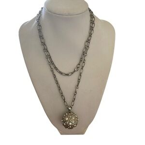 Silver Long Layering chain Rhinestone New Year’s eve Ball Drop pendant necklace